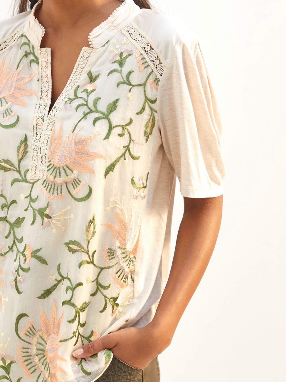 BOGO! Anthropologie Tiny Floral Embroidered Mixed Media Popover Oatmeal XL